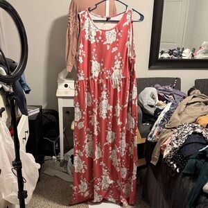 Elegant Floral Maxi Dress - Coral and White